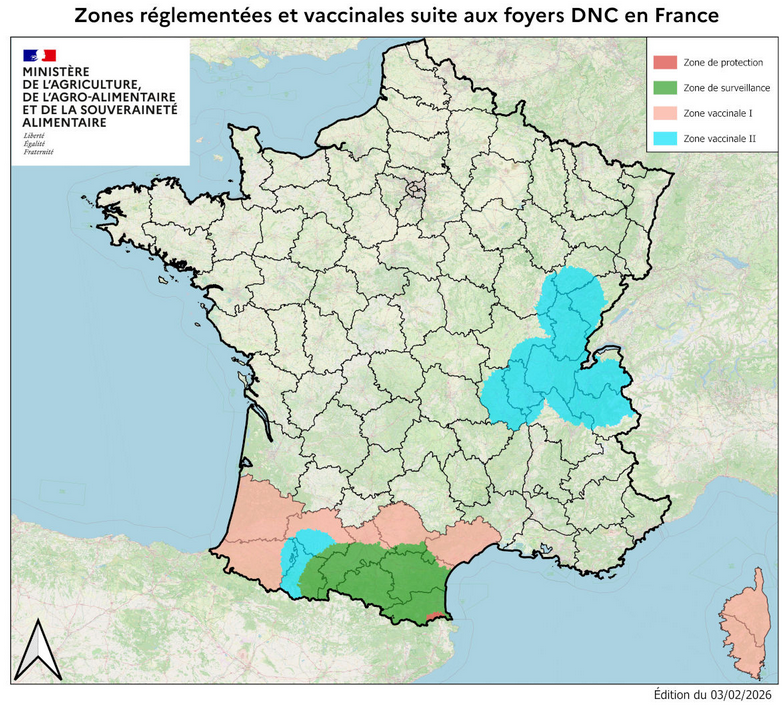Carte des zones concern&eacute;es par la DNC en r&eacute;gion Auvergne-Rh&ocirc;ne-Alpes, Bourgogne-Franche-Comt&eacute; et Occitanie 