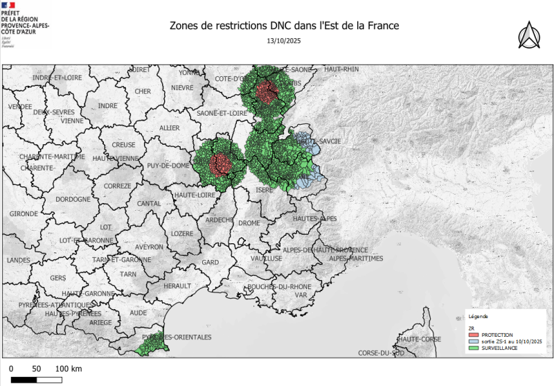 Carte des zones concernées par la DNC en région Auvergne-Rhône-Alpes, Bourgogne-Franche-Comté et Occitanie 