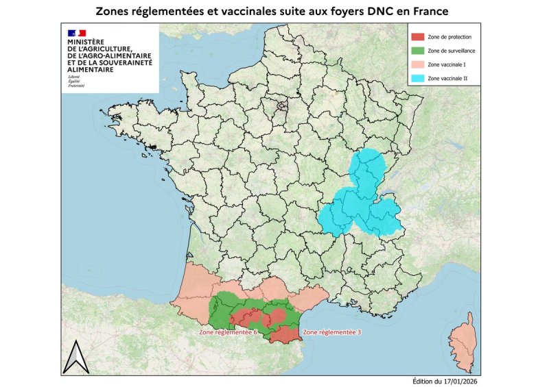 Carte des zones concern&eacute;es par la DNC en r&eacute;gion Auvergne-Rh&ocirc;ne-Alpes, Bourgogne-Franche-Comt&eacute; et Occitanie 