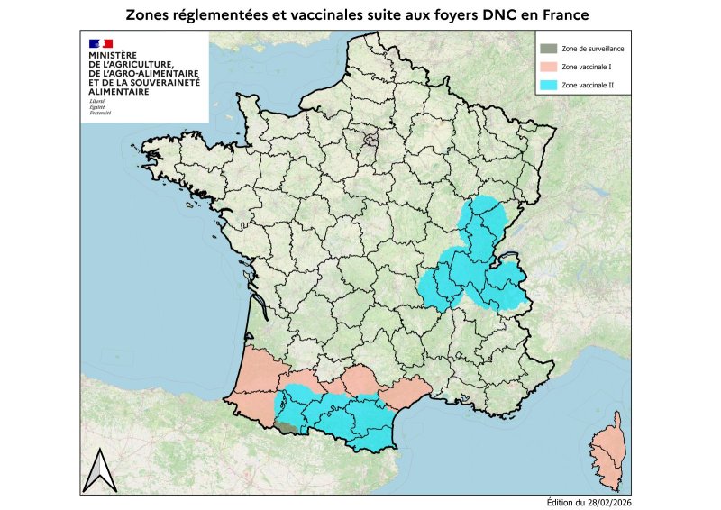 Carte des zones concern&eacute;es par la DNC en r&eacute;gion Auvergne-Rh&ocirc;ne-Alpes, Bourgogne-Franche-Comt&eacute; et Occitanie 
